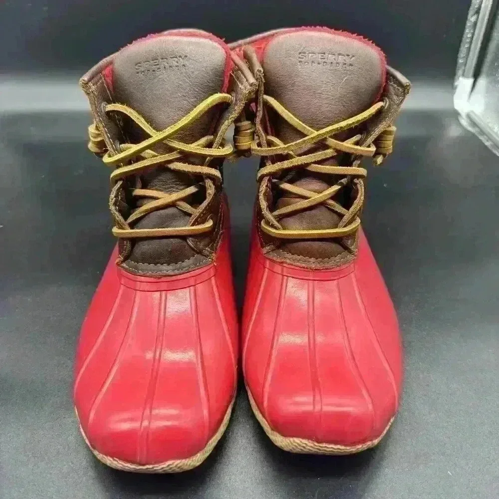 Sperry Top-Sider Brown/Red Waterproof Zip Rubber Rain Duck Boots - Size 7 - Picture 3 of 6